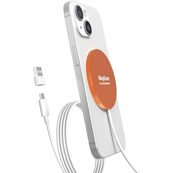 Magnetic Wireless Charger,MagEase 15W Wireless Charger mag~Safe Compatible with iPhone 16/15/14/13/12, AirPods 3/2/Pro/Pro2 and Samsung S24 Ultra, 5 Ft Cord, USB-C/A Plugs & mag-Safe Ring,Tangerine