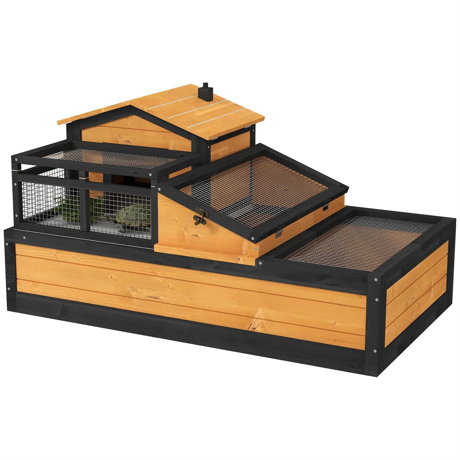 Pefilos 3-Room Wooden Tortoise House, Large Tortoise Habitat Cage Indoor Outdoor Tortoise Enclosure Turtle Habitat for Small Reptile Animals, Yellow
