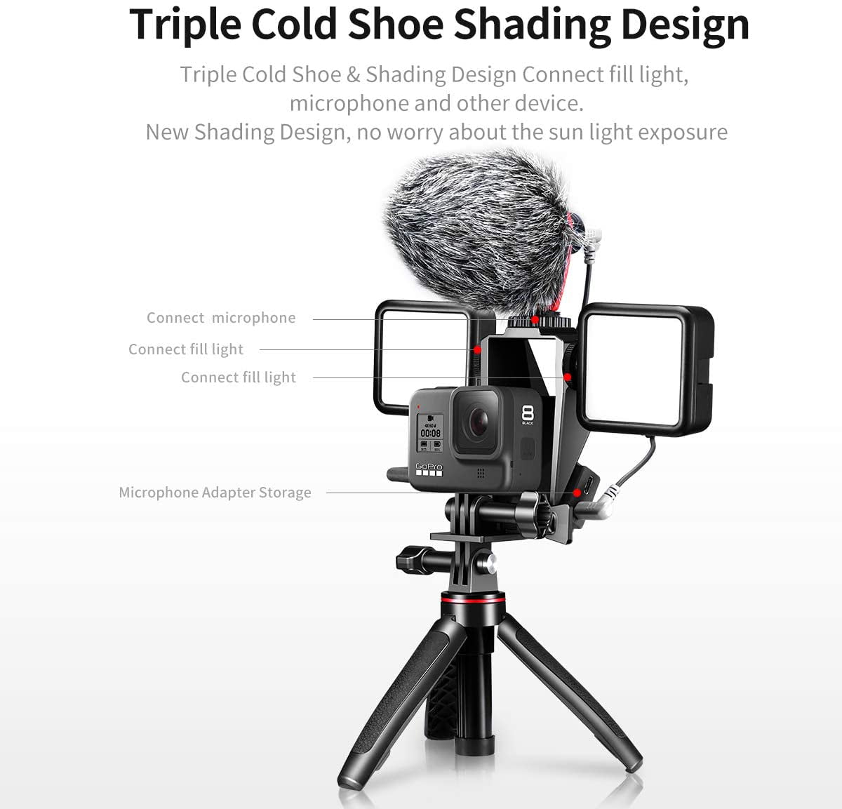 UURig GP-5 Selfie Flip Mirror for Gopro Hero 8/7/6/5 Black Tripod Mount Adapter Triple Cold Shoe Bracket for Light Microphone Vlog Accessory 