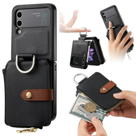 for Samsung Galaxy Z Flip 3 PU Leather Zipper Wallet Case, Cash Card Slots, Finger Ring Multi-Functional Kickstand Shockproof Phone Case Cover for Samsung Galaxy Z Flip 3 5G, Black
