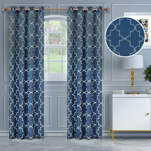Superior Trellis Blackout Grommet Curtain Panel Pair, Set of 2 Curtains, 52"W x 96"L, Navy Blue