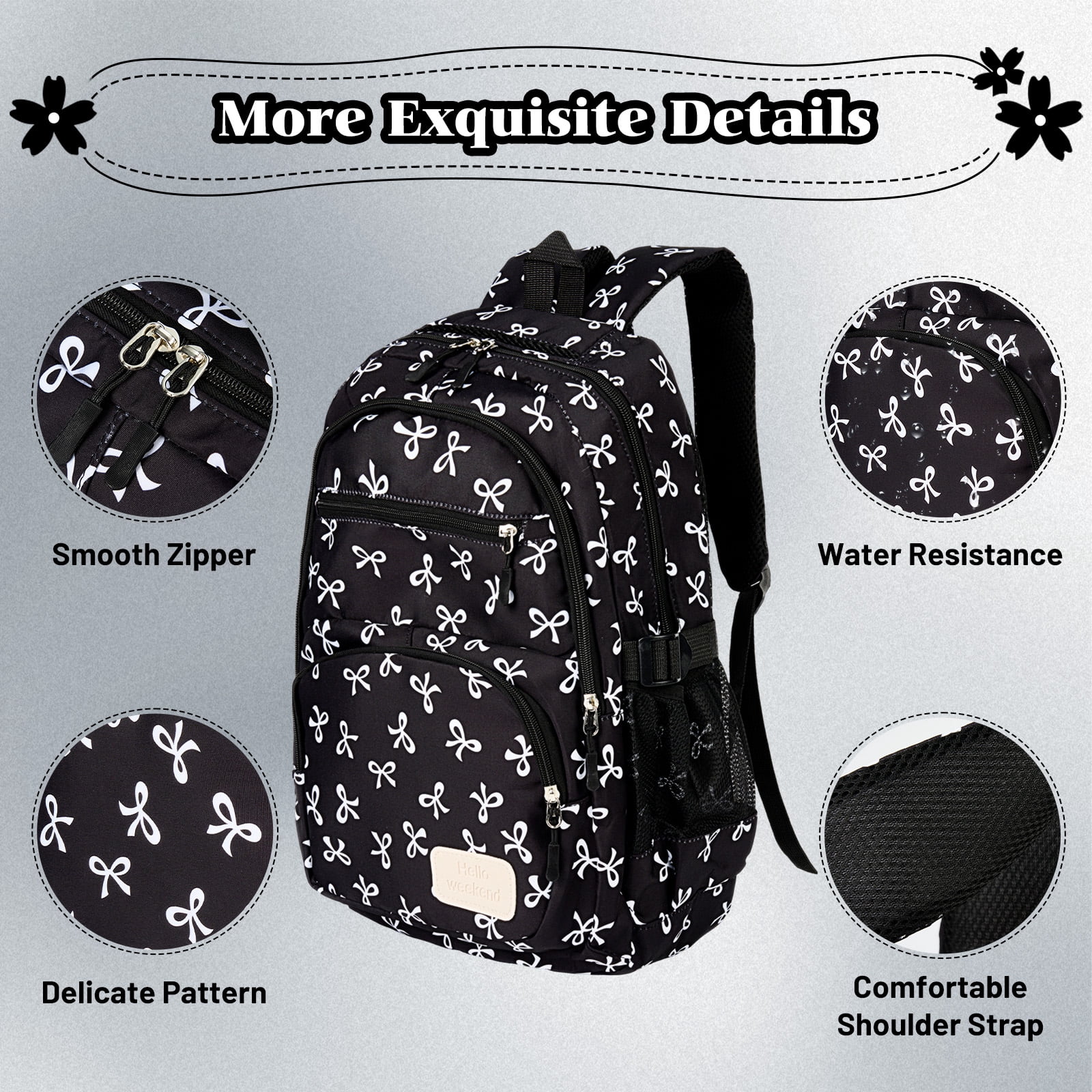 Dakimoe School Backpack Set with Cute Bow, Lightweight Bookbag - Black, Perfect for Elementary &  Middle School  Ages 4-12