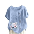 thumbnail image 2 of Staron Liquidation Hauts d'Été pour Femmes Manches Courtes Retroussées Tunique Décontractée Coton Lin Col Rond Tendance Grande Taille Hauts Blouses d'Été à Imprimé Floral, 2 of 4