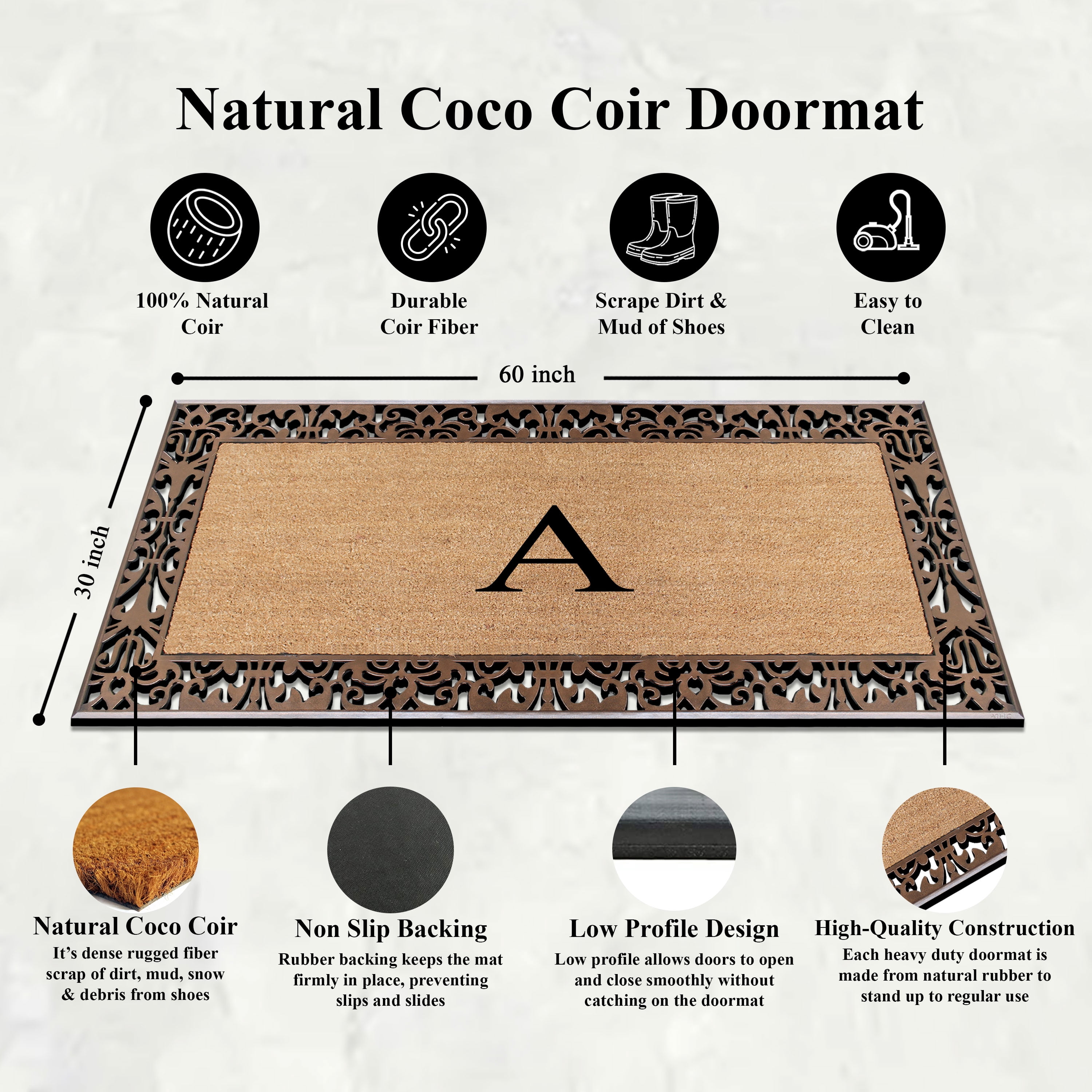 A1HC Natural Coir and Rubber Paisley Monogrammed Doormat, 30"x60", Heavy Duty Outdoor Front Door Mat, Durable Easy-Clean Bronze Rug