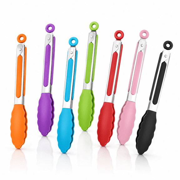 Mini Serving Tongs Set of 7 with Colorful Plastic Tips 7 Inch Kitchen Tools