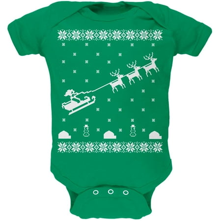 

Flying Santa Sleigh Ugly XMAS Sweater Kelly Green Soft Baby One Piece - 3-6 months
