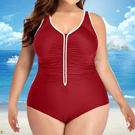 MSJUHEG One Piece Swimsuit Women Red Swimsuit Women Tummy Control Bikini Women 1 Piece Zipper Swimsuits Ruched Bathing Suit Push Up Swimwear One Piece Body Suits for Womens High Waist Bikini Wine 5XL