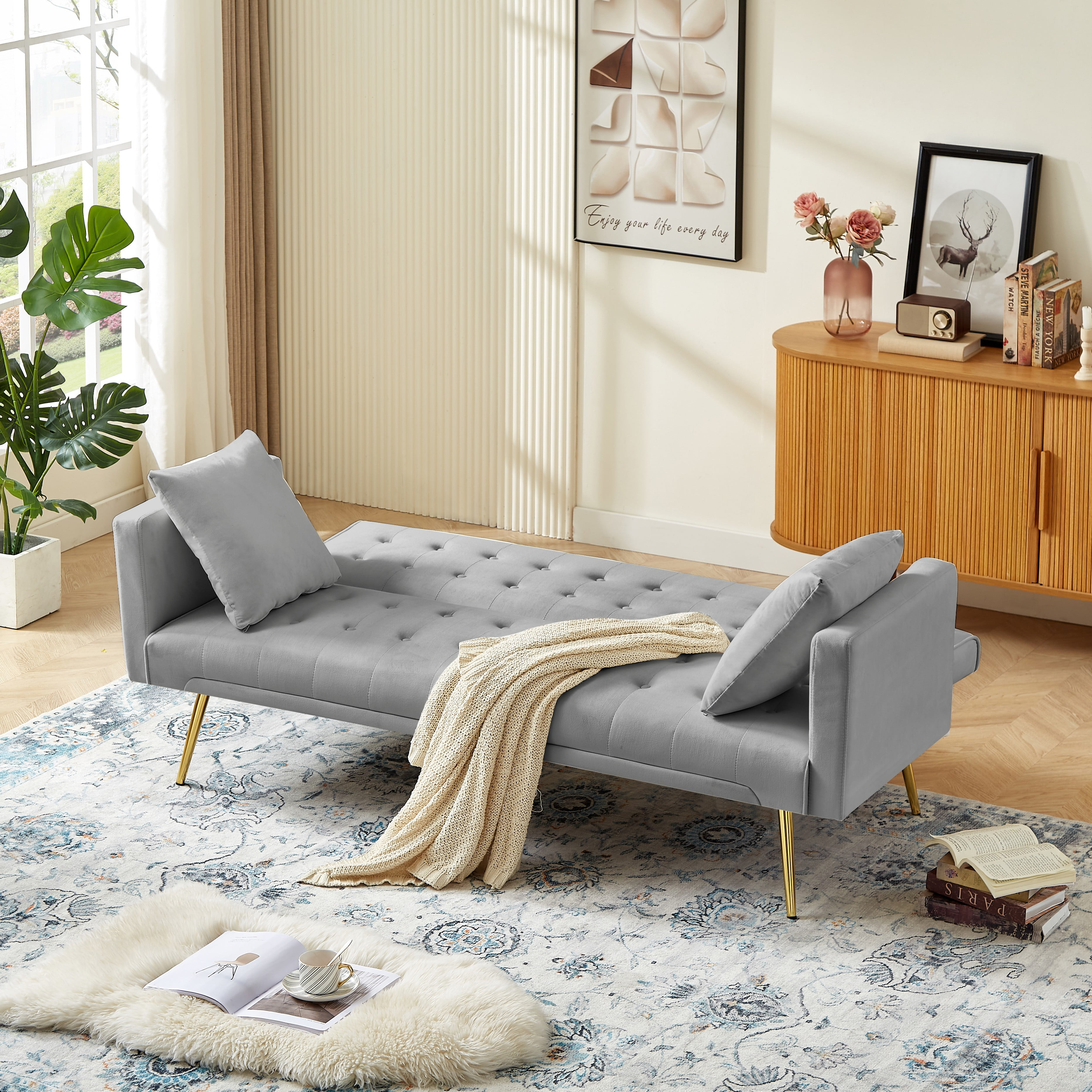 Bianlte Modern Velvet Futon Sofa Bed,Convertible Sleeper Sofa Couch with 3 Adjustable Couch Loveseat with Metal Leg for Living Room and Bedroom,Gray