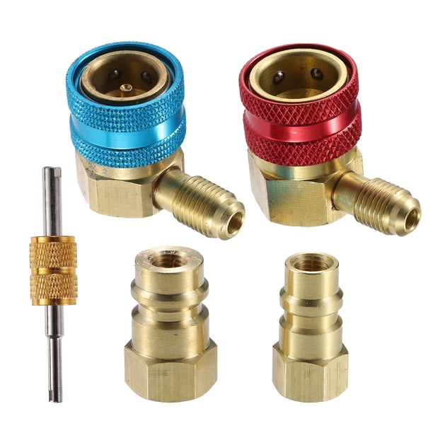 Juego de adaptador de Acoplador rápido de 90 grados R1234Y para aire acondicionado de coche azul rojo dorado