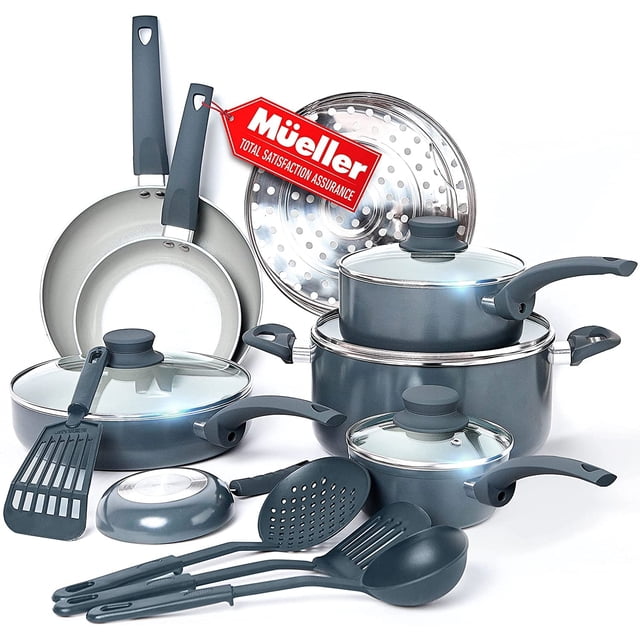 Juego de utensilios de cocina de piedra antiadherentes Mueller de 16 piezas - Sin PFOS/PFOA, vaporera y sartén de acero inoxidable, tapas ventiladas - Gris claro