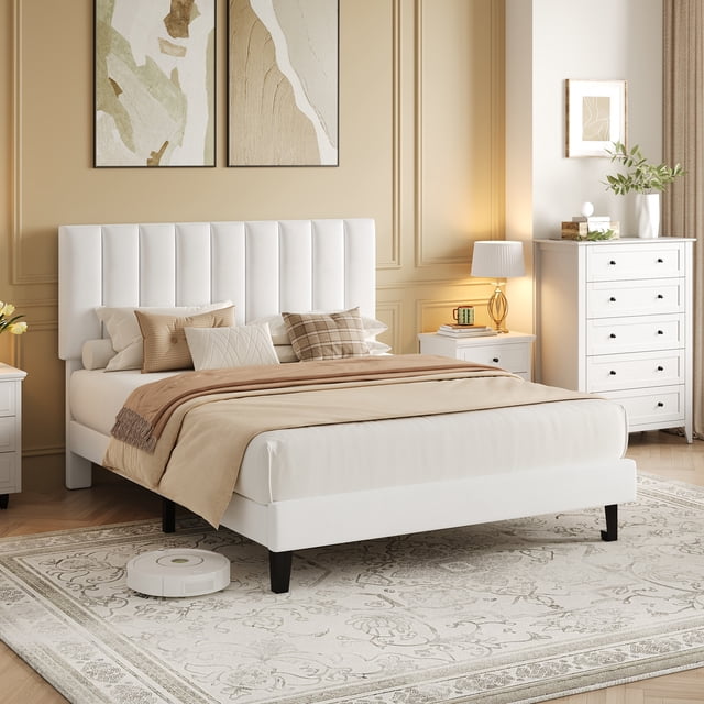 BeesClover Bed Frame with Adjustable Height Headboard, Upholstered Platform Bed Frame with Vertical Channel Tufted Design, Sturdy Wooden Slats for Noise-Free Support, No Box Spring Needed