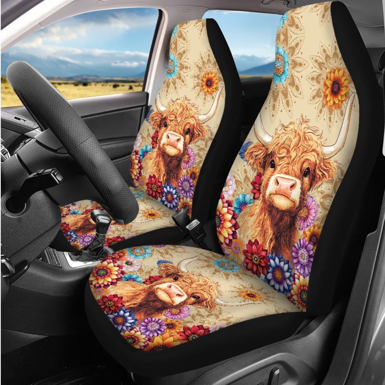Yuyamidu Highland Cow Car Seat Cover Set of 14 Colorful Dalia Steering Wheel Cover Seat Belt Pad Car Headrest Cover Coaster Armrest Cover Keychain for Truck Sedan