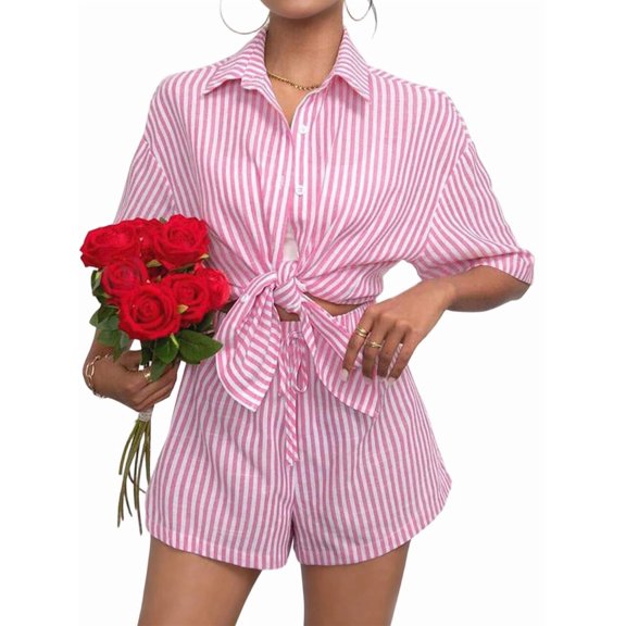 Womens Collar Casual Striped Short Sleeve Pants Set Two Piece Lounge Wear Summer Outfit Pink Set XS