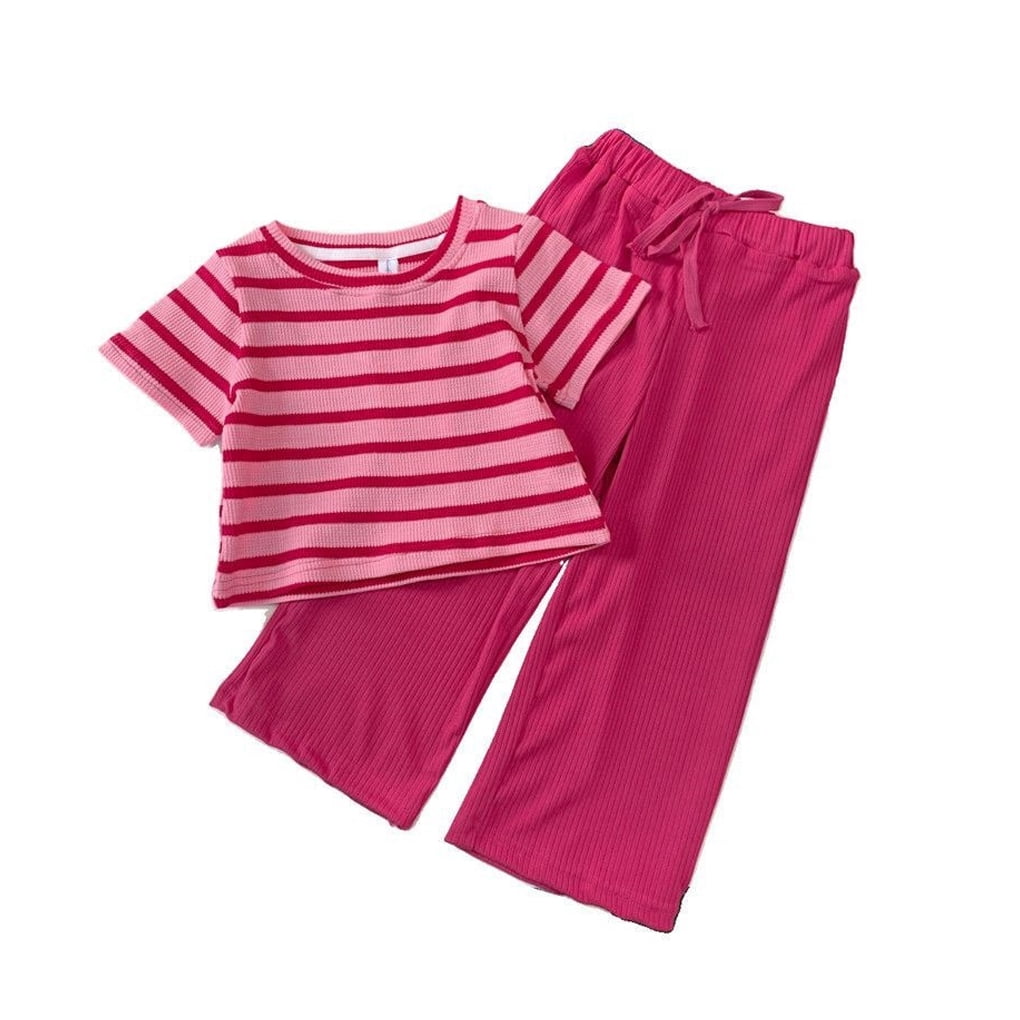 pitrice Children Stripe Pattern T shirt Pants Set Running Jogging Exercise Sports Polyester Girls Tops Trousers Kit Clothing 140cm 1Set