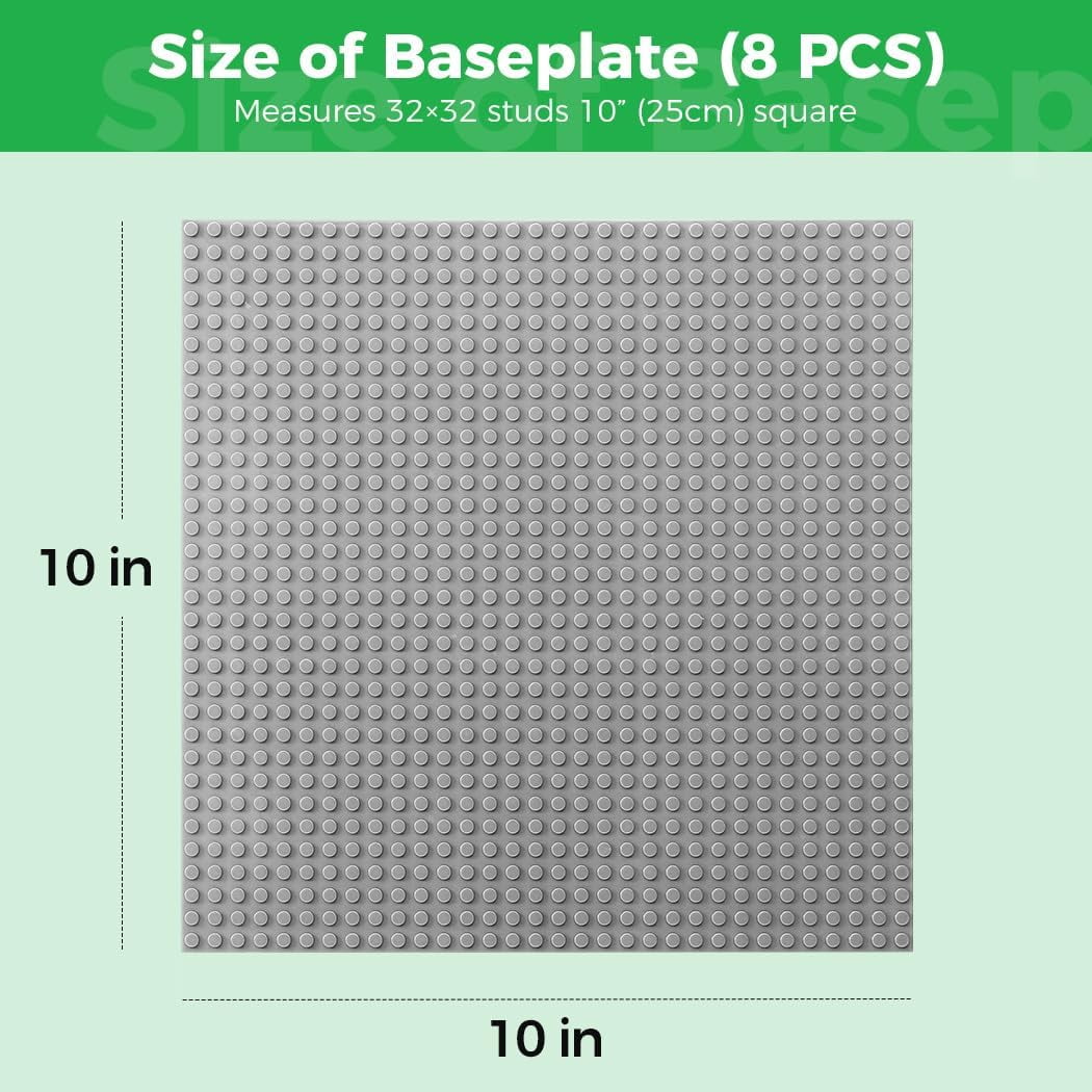 Classic Baseplates Building Plates-8 Pack 10" x 10" Building Boards,100% Compatible with All Major Brands and Activity Table, Creative Building Platforms Mats for Toy Bricks,Grey