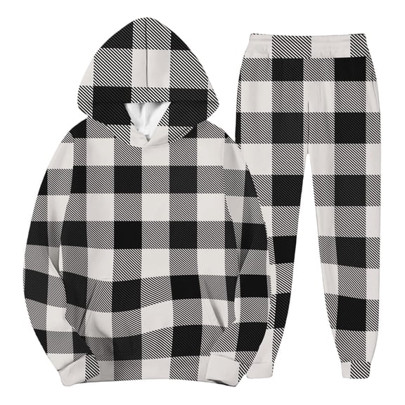 CharmCyan Plaid Pattern Hooded Sweatshirt and Pants Set Long Sleeve Pullover Top with Drawstring Waist Casual Fit Black L