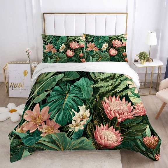 WNOOHIY 3Pcs Tropical Rainforest Botanical Duvet Cover with Pillowcases, Twin/Queen/King