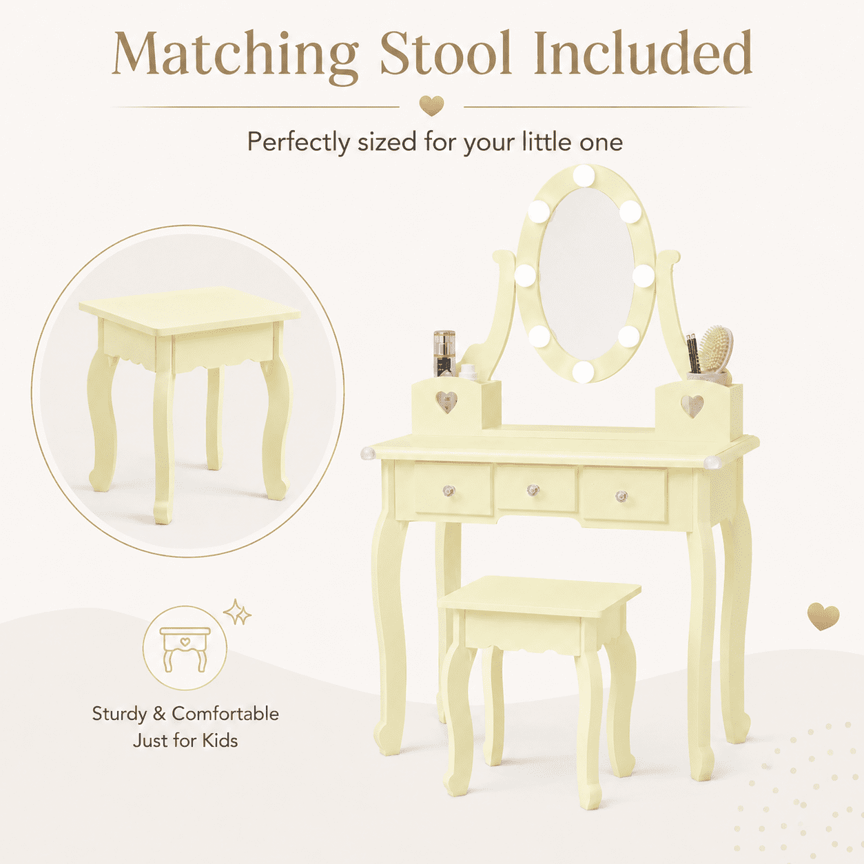 Ktaxon Kids Play Makeup Vanity Set with 3-Color Light, Girls Vanity Dresser Desk with Matching Stool, Light Yellow