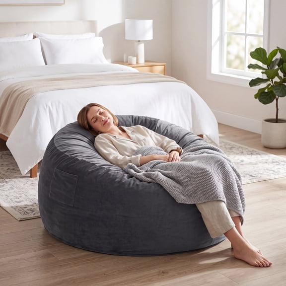 LOGYAT 3.5FT Bean Bag Chair, Memory Foam Filled Oversized Bean Bag Sofa Comfort Lounge Furniture for Adults, Dark Gray