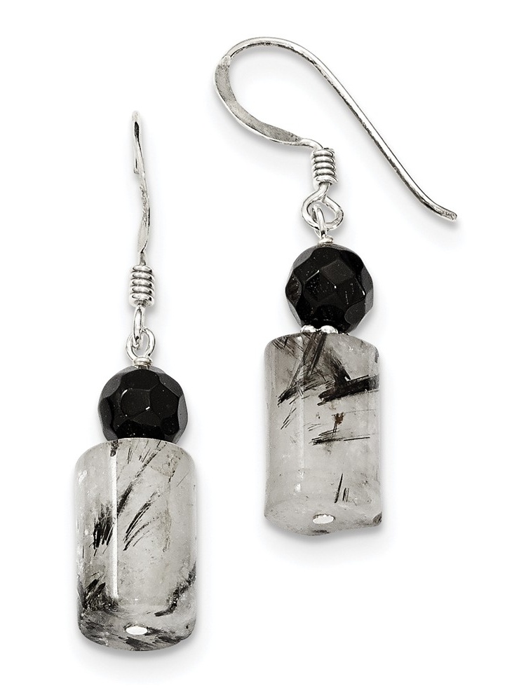 Tourmalinated Quartz crystal bar sterling silver necklace