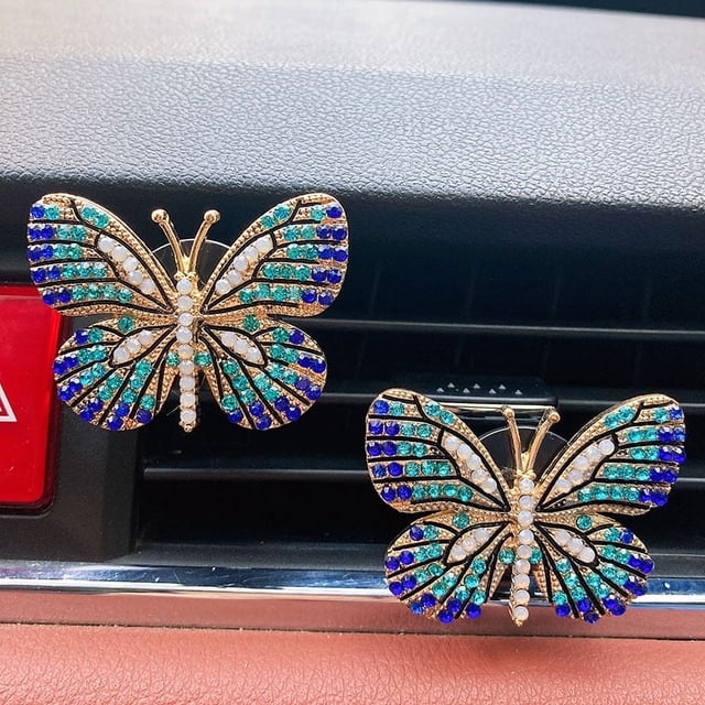 Paquete de 2 clips de mariposa para coche, lindos clips de ventilación para aromaterapia de coche, accesorios de coche con diamantes de imitación para mujer, decoración interior de coche (azul) Rojo Verde