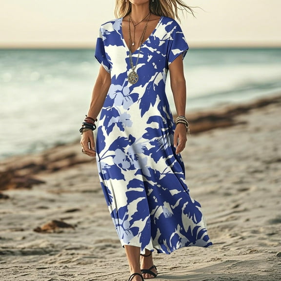 ClodeEU Women's Summer Short SleeveV Neck Flowy Maxi Dresses ,Casual Elegant Long Dresses Multicolor01,Womens Plus XXL