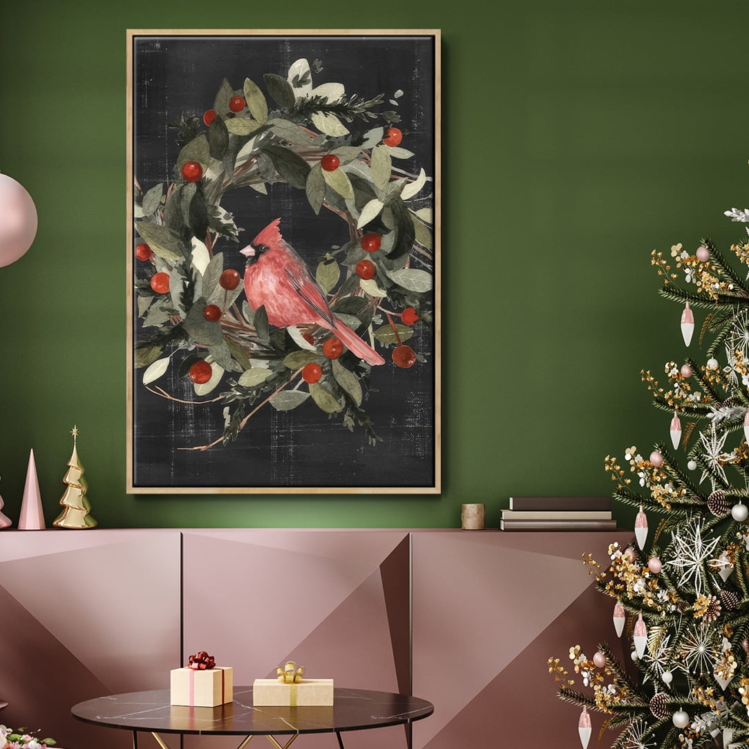 Christmas Cardinal I - Framed Gallery Wrapped Holiday Canvas - 25 x 37 - Natural Wood Frame