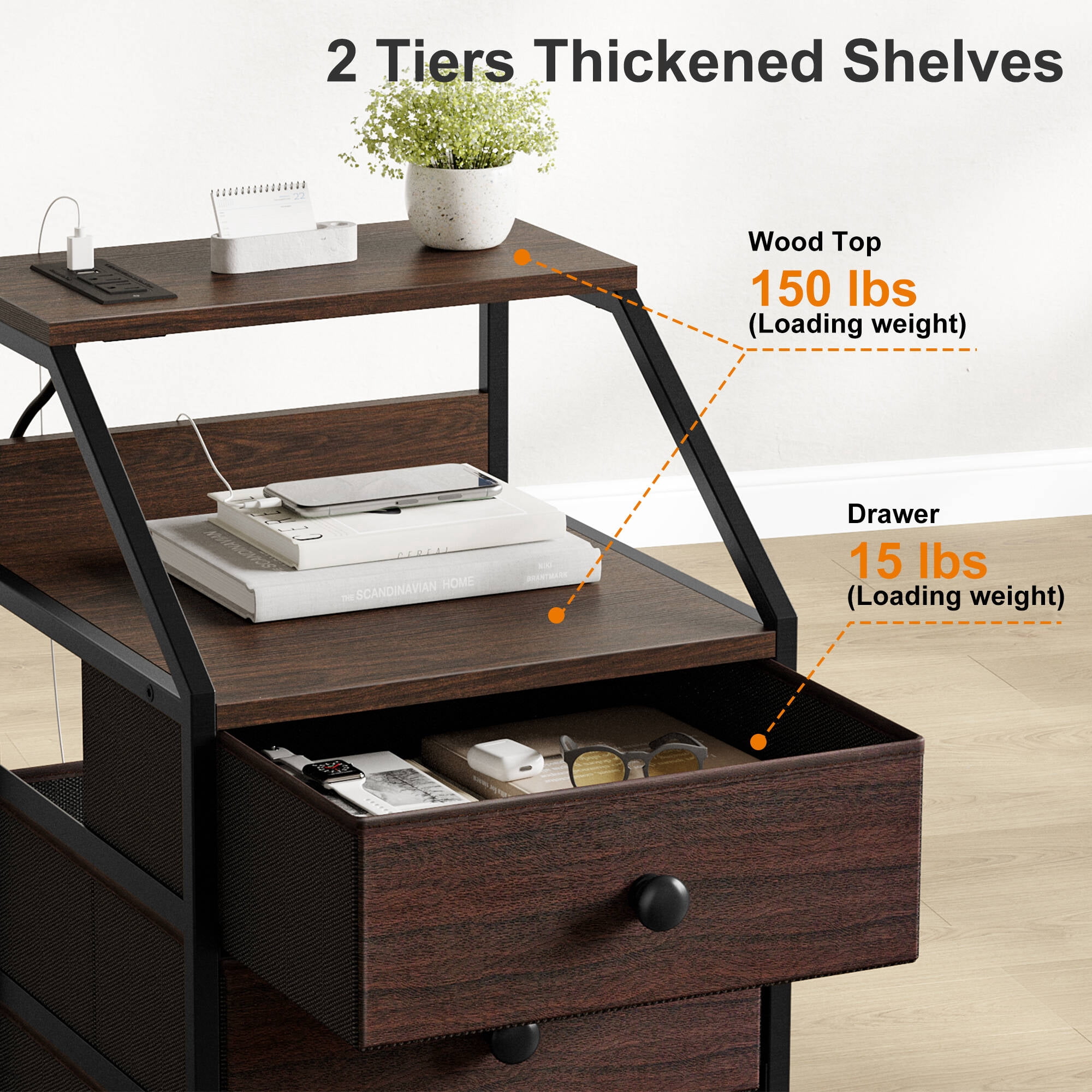 GUNAITO Led Nightstand Set of 2 with Charging Station Side Table with 3 Drawers End Table with Open Shelf Bedside Table with USB Ports and Outlets Nightstand for Bedroom,Brown