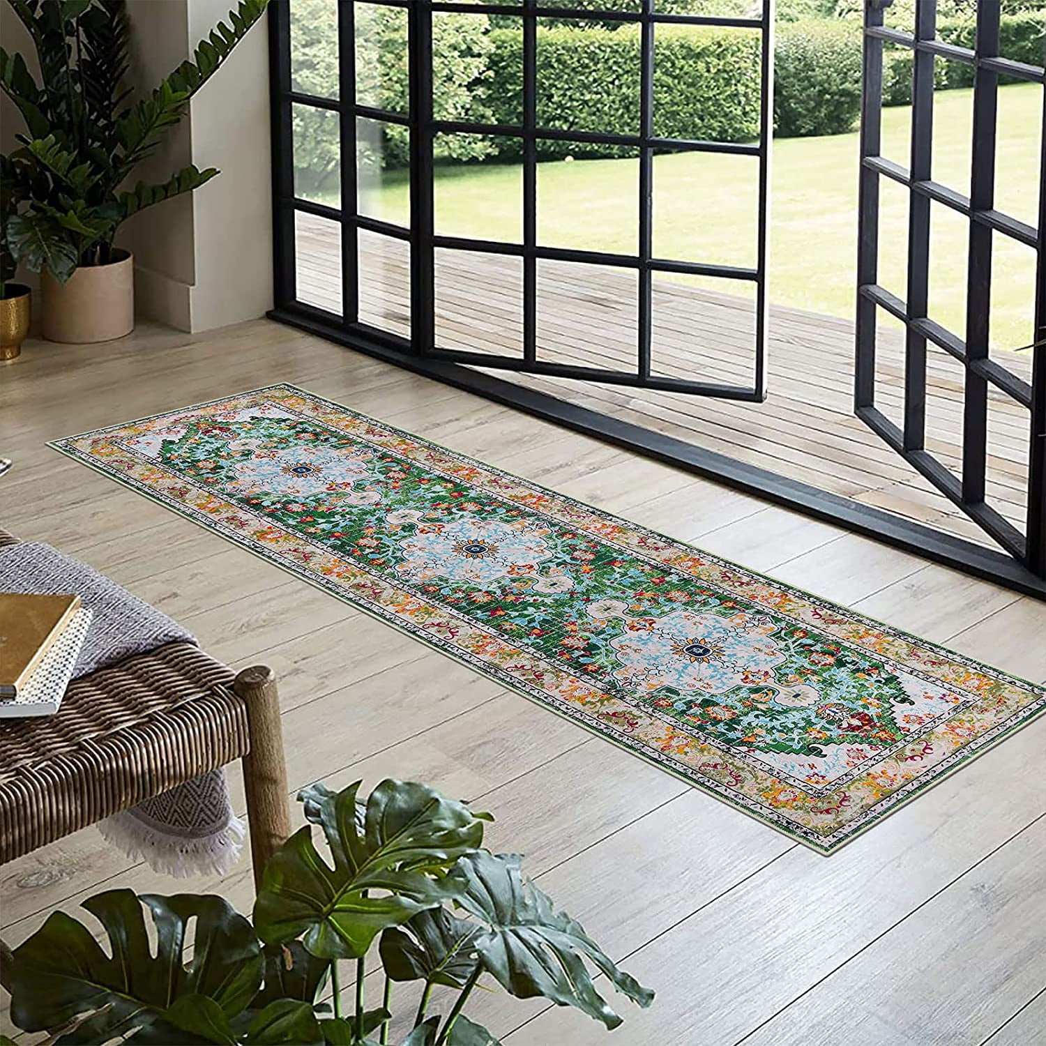 Findosom 2'x8' Vintage Boho Runner Rug Washable Non-slip Area Rug,Hallway Indoor Farmhouse Bedroom Kitchen Living Room Non Shedding Runner, Contemporary Low Plie Floor Carpet Doormat,Green