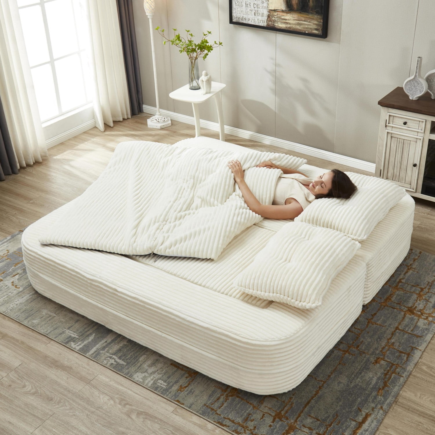 80" Convertible Sectional Sofa Bed with Independent Chaise Lounge, Corduroy Deep Seat Couch, King Size Floor Sleeper Sofa with Convertible Blanket, Beige