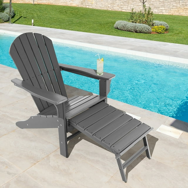 Costway Chaise Adirondack de Patio Extérieur en HDPE, Siège de Plage avec Ottoman Rétractable, Gris