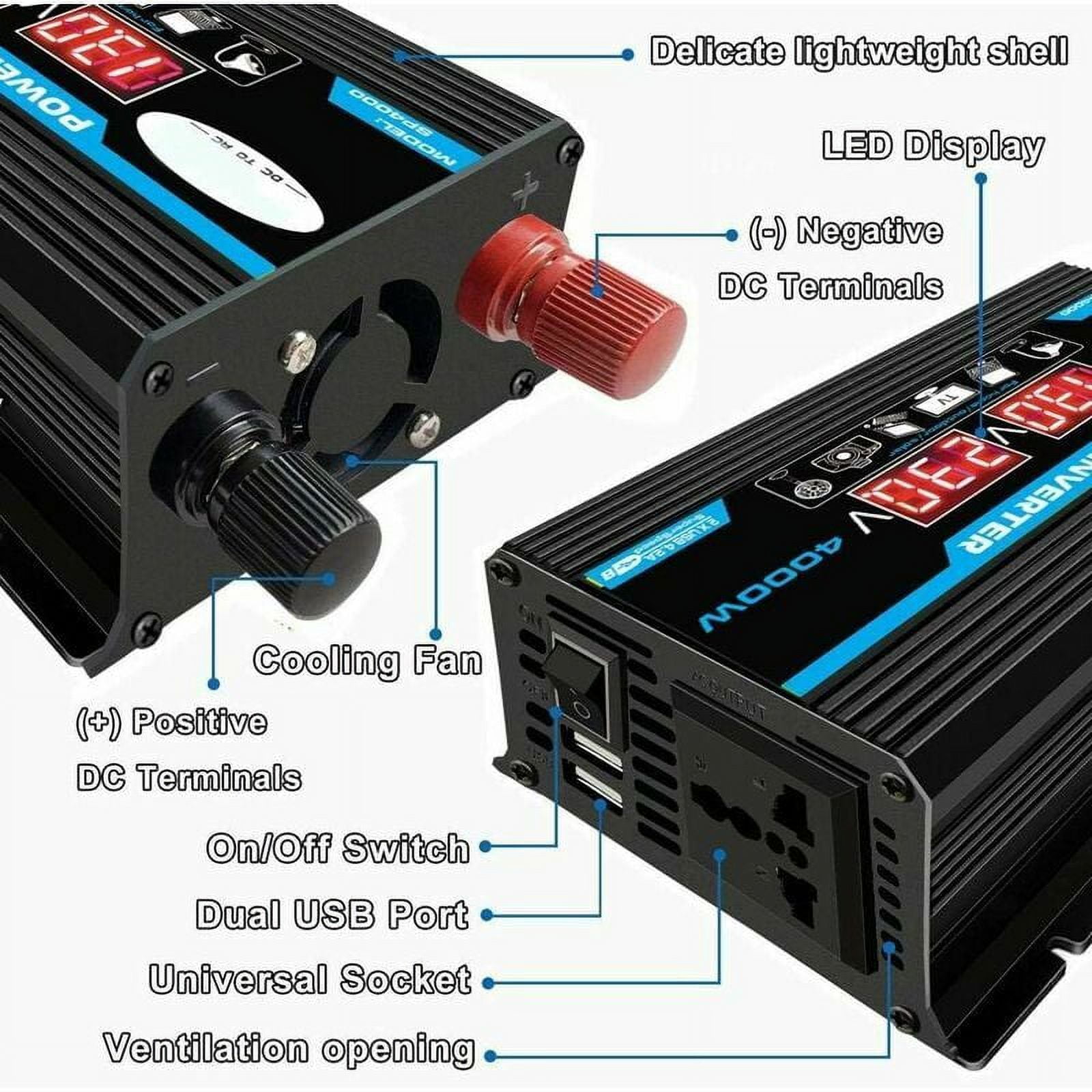 12V to 220V/110V AC Converter for Cars, Dual USB & Modified Transformer Powerful 4000W Pure Sine Wave Inverter