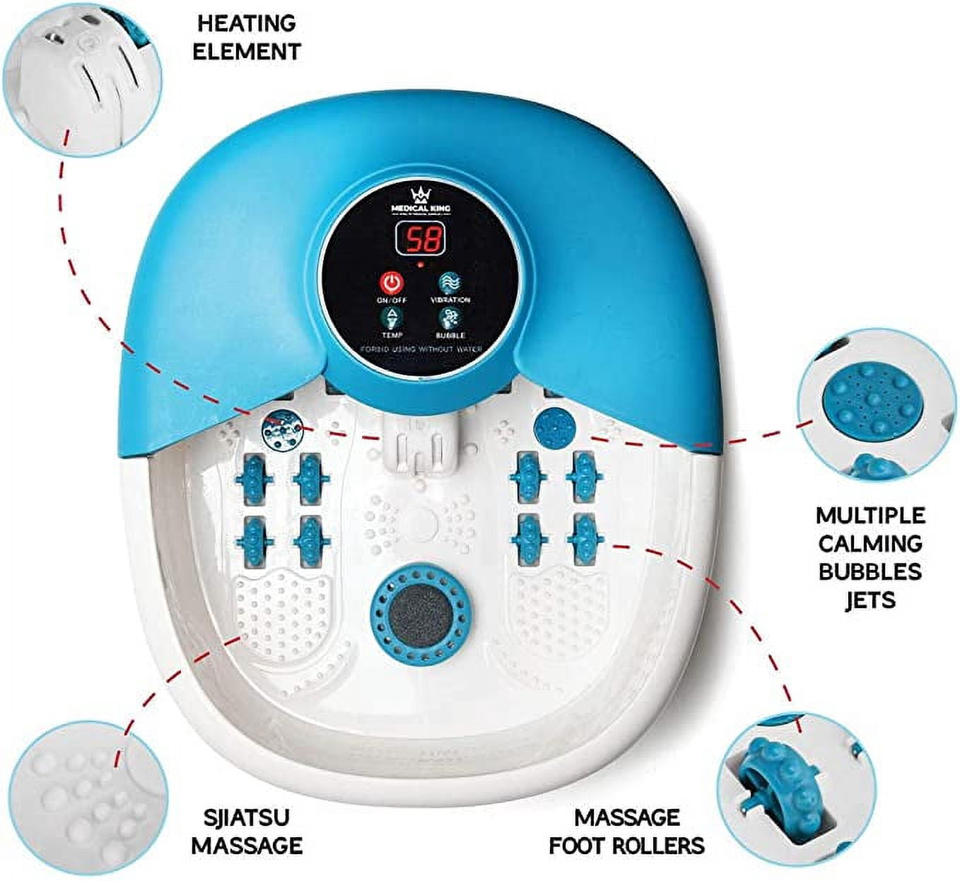 Foot Spa Massager with 14 Rollers in Foot Shape and Heat - 5 in 1 Foot Bath Massager Includes Adjustable Heating, Bubbles, Vibration, Pumice Stone, Mini Massage Points - for Stress Relief - MedicalKin