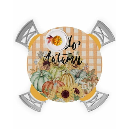 

Round Tablecloth with Elastic Hello Autumn Thanksgiving Pumpkins Orange Plaid Waterproof Stain-proof Table Cover Wipeable Fitted Table Cloths for 45 -54 Round Tables Dining Kitchen