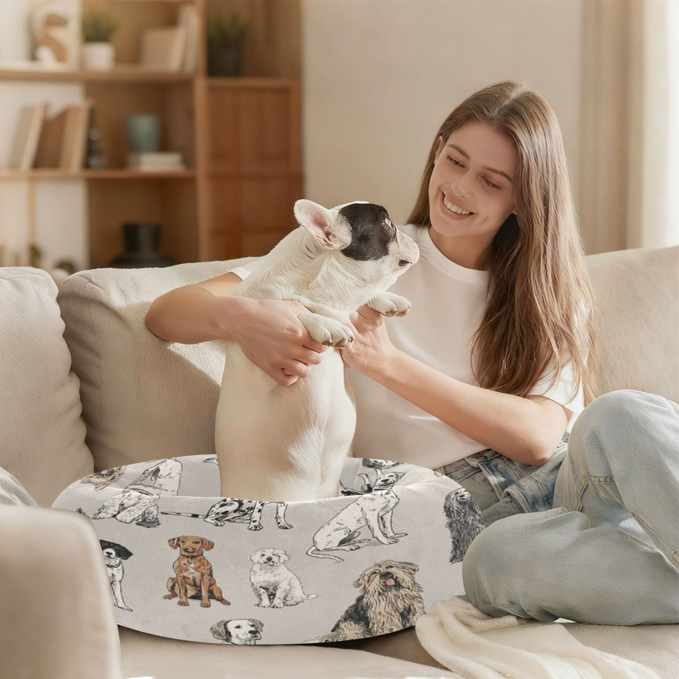 Iauyy Pet Couch Donut Cat Bed for Indoor Cats/Small Dogs Washable & Machine with Non-slip Bottom Calming Cat Furniture, Pied Dog (S)