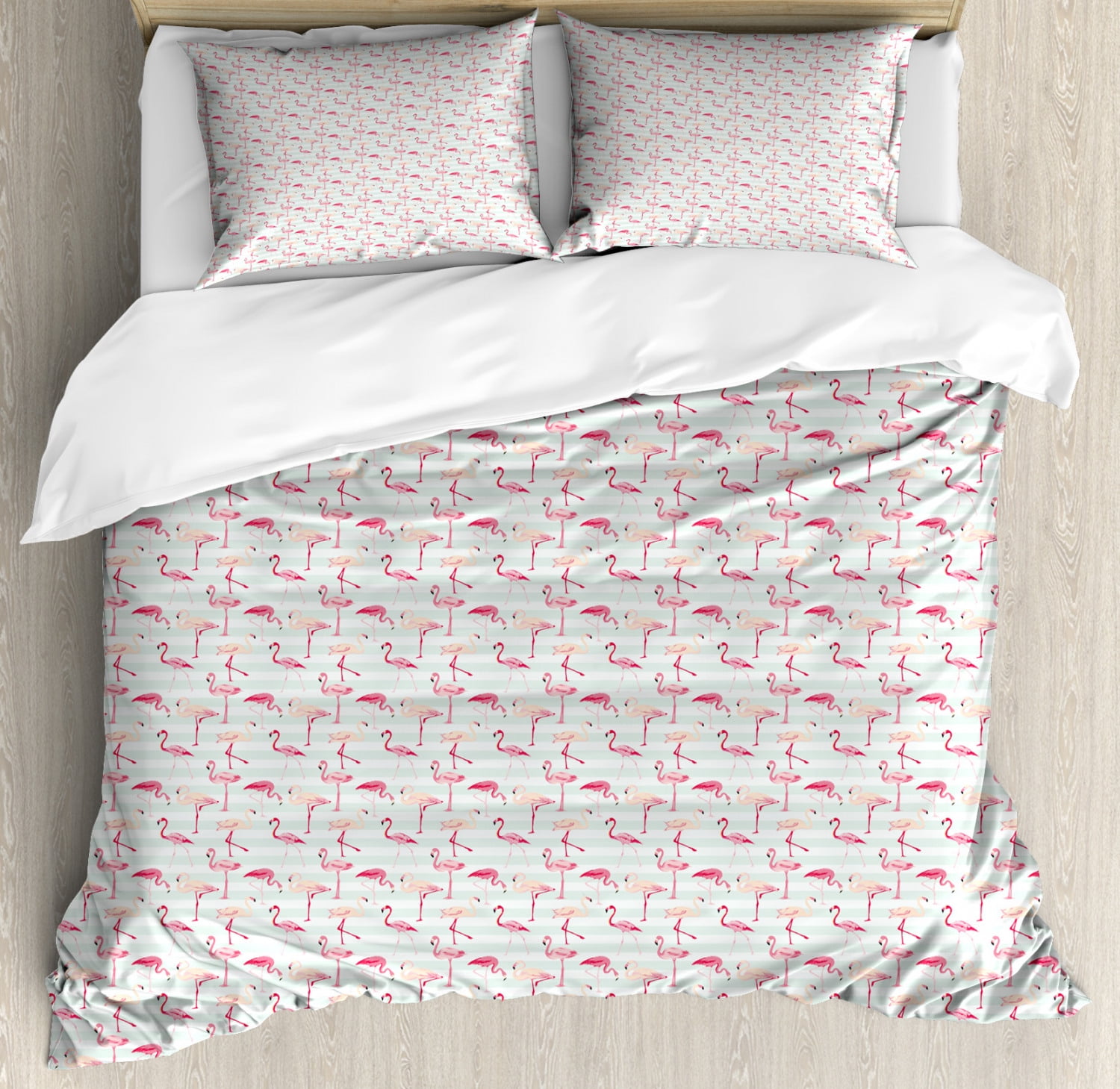 Flamingo Duvet Cover Set King Size, Horizontal Striped Background with ...