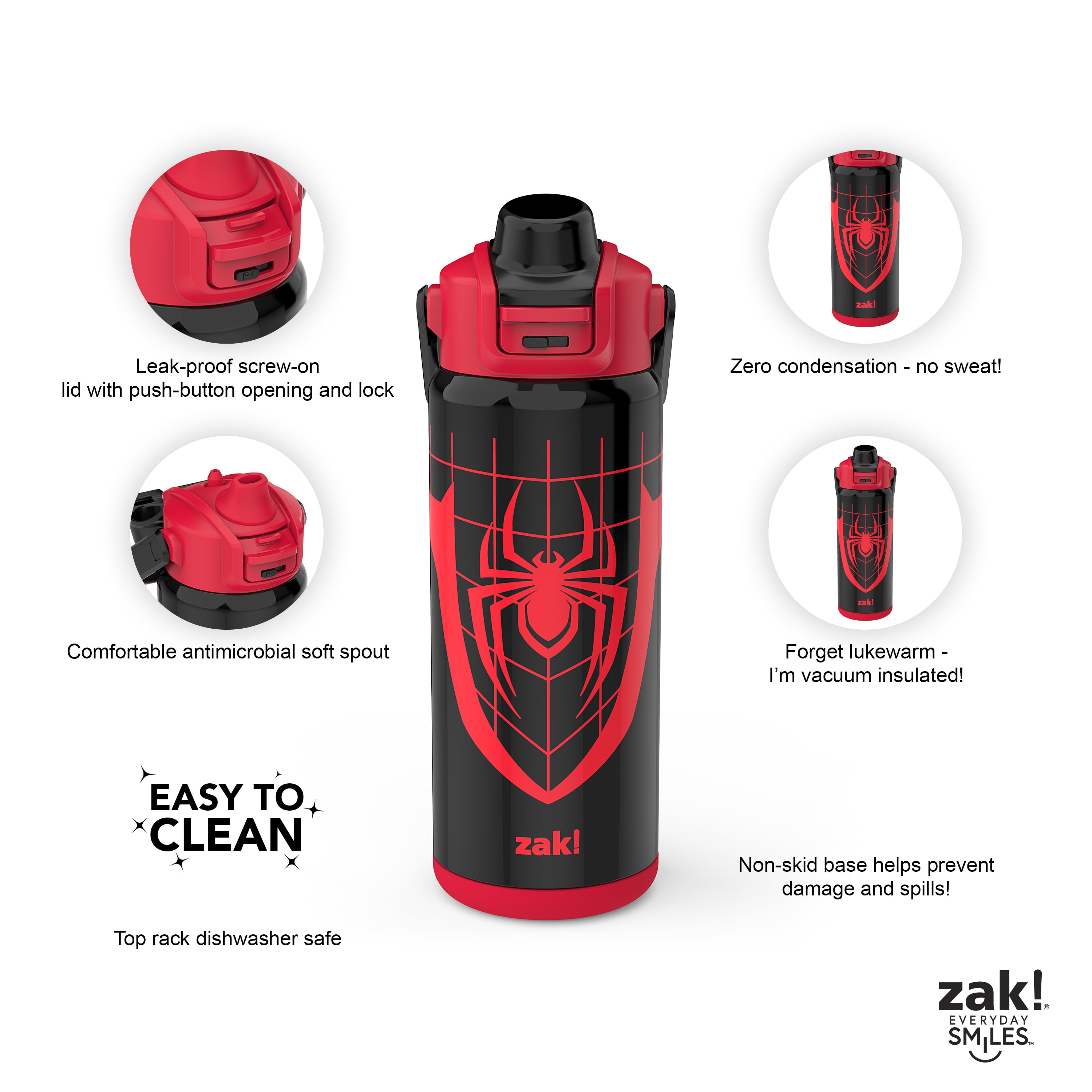  Zak Designs Marvel Spider-Man Water Bottle for Travel and At  Home, 19 oz Vacuum Insulated Stainless Steel with Locking Spout Cover,  Built-In Carrying Loop, Leak-Proof Design (Miles Morales): Home & Kitchen