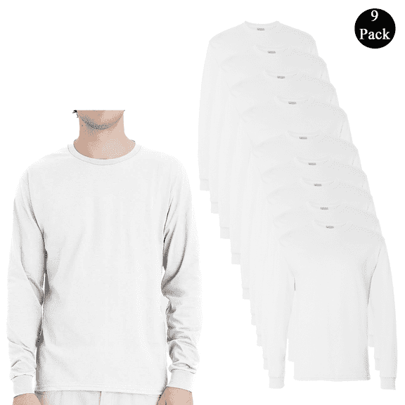 Hanes Essential Long Sleeve Crewneck T-Shirt, Men's 9 Pack 100% Cotton Tee, White, S