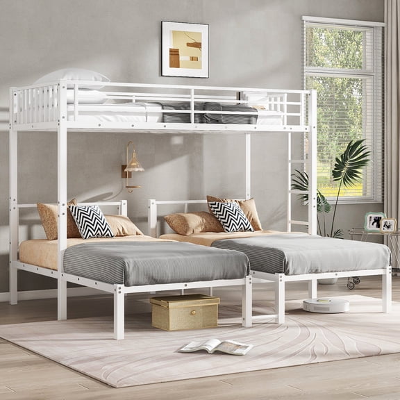 Metal Triple Bunk Bed, Twin/Twin/Twin Size, Convertible to 3 Separate Beds, White