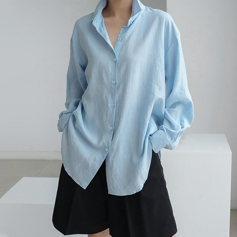 Comfy Flowy Hide Belly Long Shirt Long Sleeve Shirts Button Down Collared  Solid Dressy Tunic Tops to Wear with Leggings Plus Size Tops for Women Blue