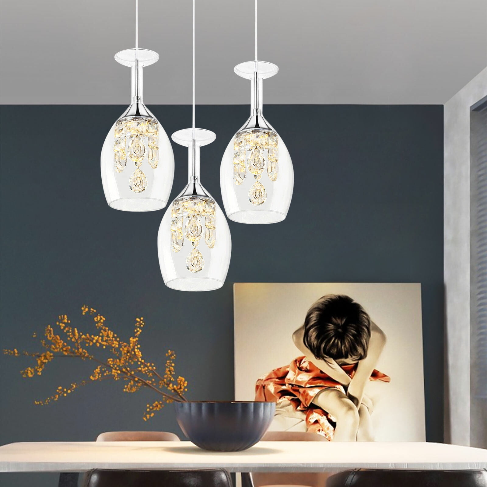 Wine Glasses Shape Crystal Chandelier LED Ceiling Light 3-Head  Pendant Lamp Adjustable Length 90cm Irradiation Area 10-15