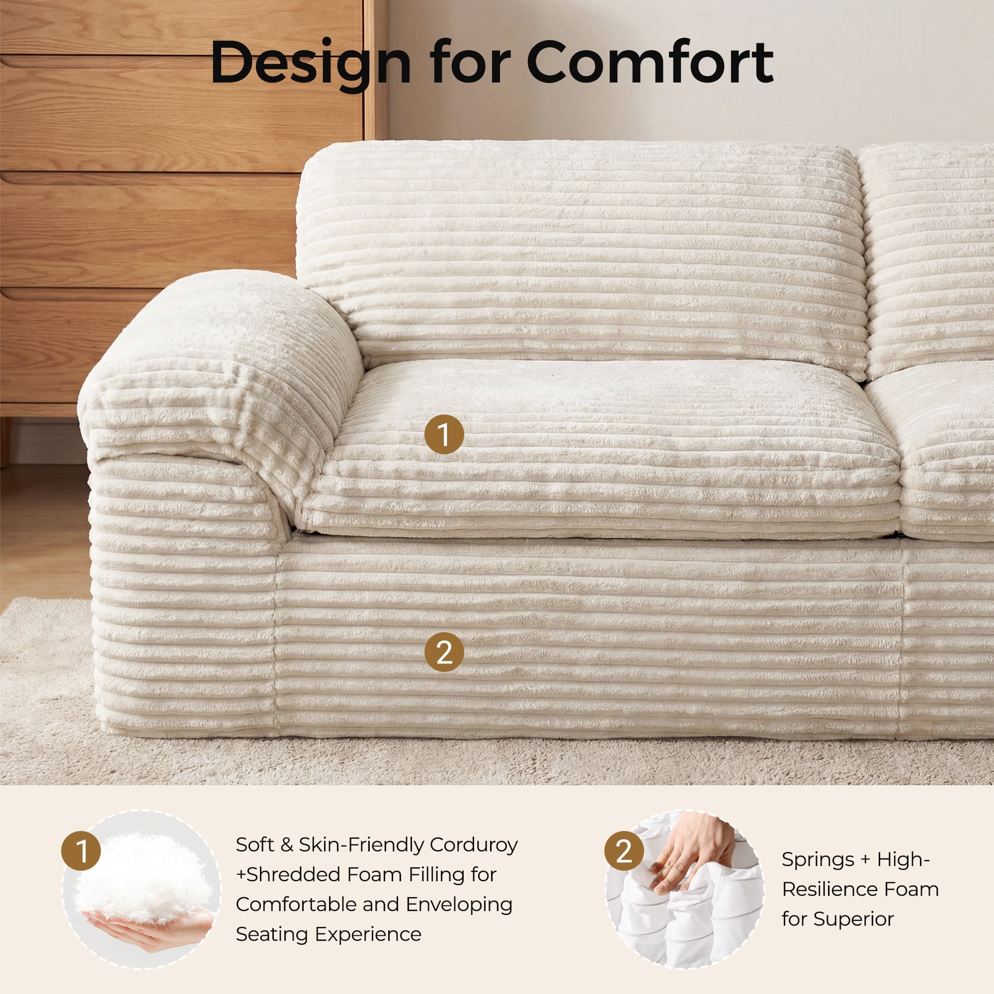 Neche 114" Boneless Sofa Couch for Living Room, Deep Seat, Soft Corduroy Design, Camel