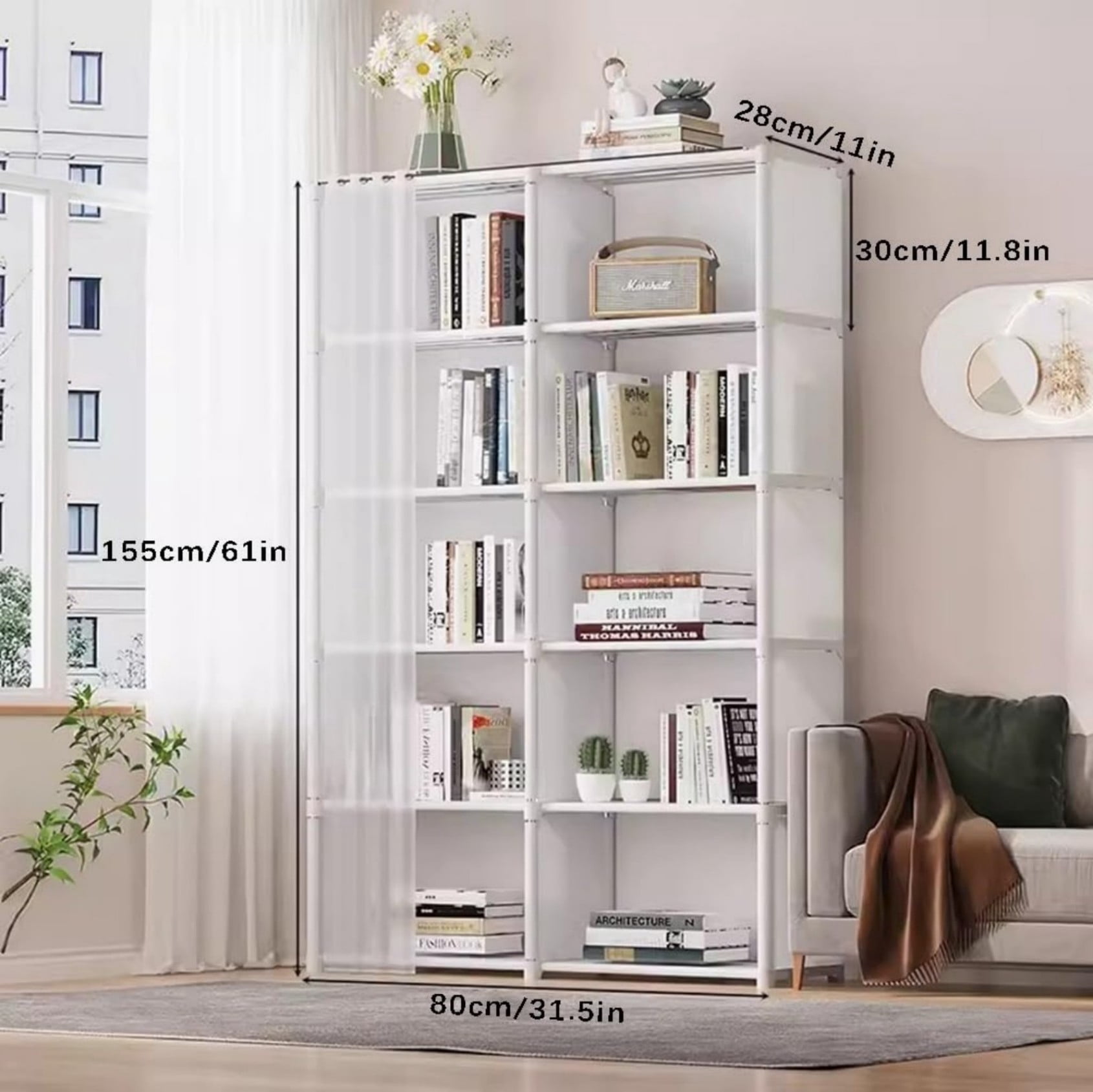 5 Tier Freestanding Bookcase with Curtain, 10 Grid Open Bookshelf Storage Organizer, Tall Display Shelf for Bedroom Living Room Office, White