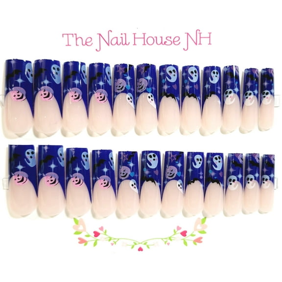 Blue Ghostly Shenenigans French Manicure Long Square Press On Nails - 24 Pieces - Artificial Nail Kit - Halloween Nails