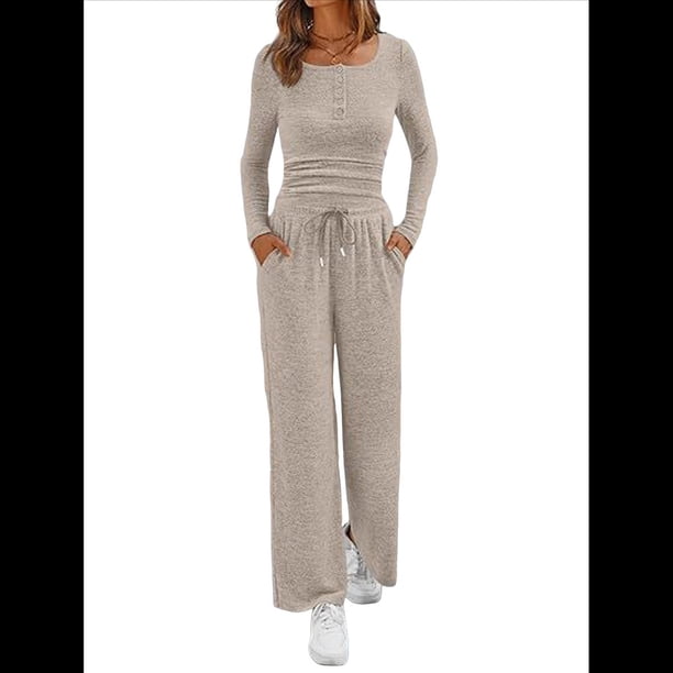 Conjuntos de Dos Piezas para Mujer, para Estar en Casa, para Otoño, con Suéter de Cuello Henley, Pantalones Anchos y Chándal Caqui L