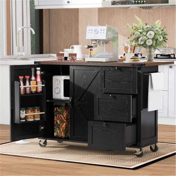 YIYADO 54.5" Farmhouse Kitchen Island with Drop Leaf, Power Station & Storage