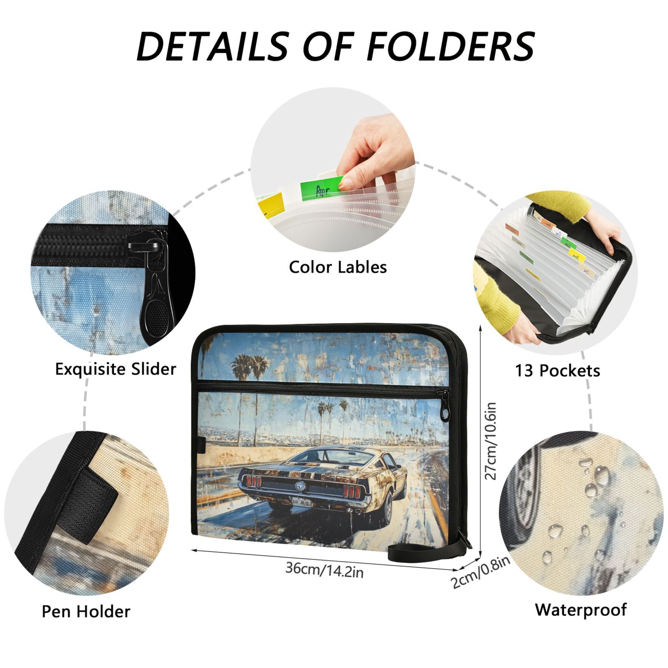 WOBOGO Illustration Of A Car on The Highway Expanding File Folder Letter Size Accordion Filing Organizer 13 Pocket Separate Organ Pocket
