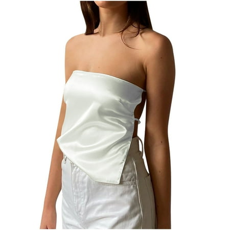 Mrat Womens Summer Tank Tops Women s Solid Color Backless One Line Collar Bra Strap Vests Ladies Outerwear Tops Camisole Tops Women Built In Bra S-16 White M