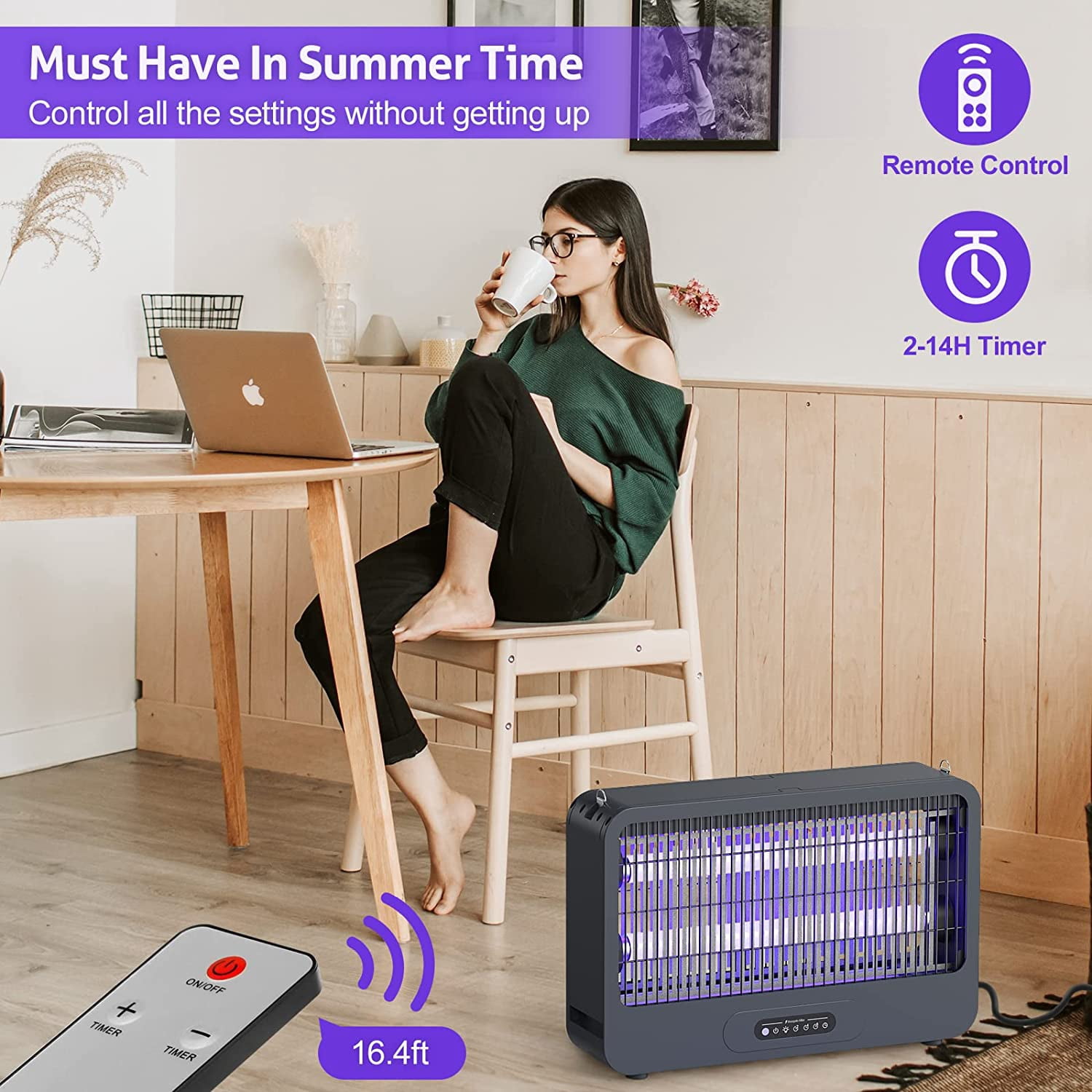 Electric Bug Zapper Indoor, Mosquito Zapper with 3500V Powerful Dual Grid & Remote, Fly Zapper Fly Trap Insect Killer for Patio Yard Home Kitchen Camping - Including 2 Replacement Bulbs (Grey)