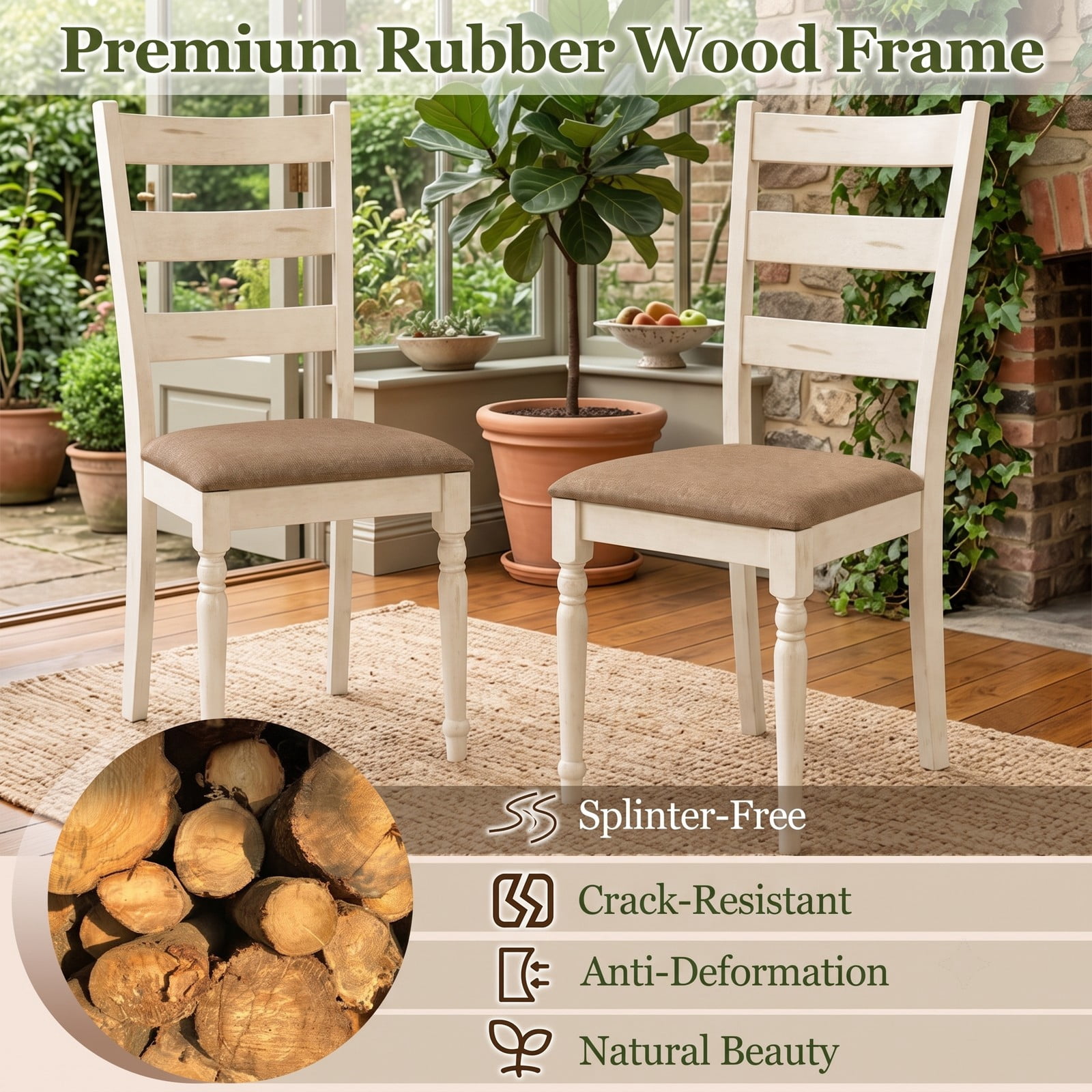 Furnibear Rubber Wood Dining Chairs Set of 2, Upholstered Kitchen Side Chairs with Padded Linen Seat, Slatted Curved Backrest and Carved Wood Legs for Dining, White